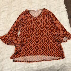 Mountain Mamas Orange Black Patterned Tunic Top LG/XL V-Neck Flowy Sleeves GUC